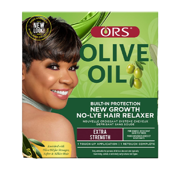 ORS Olive Oil New Growth No-Lye Hair Relaxer Extra Strength is a smoothing relaxer system designed to straighten and soften tightly coiled or resistant hair textures while helping maintain moisture and manageability during the relaxing process.