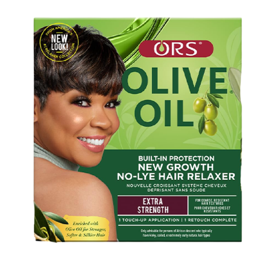 ORS Olive Oil New Growth No-Lye Hair Relaxer Extra Strength is a smoothing relaxer system designed to straighten and soften tightly coiled or resistant hair textures while helping maintain moisture and manageability during the relaxing process.