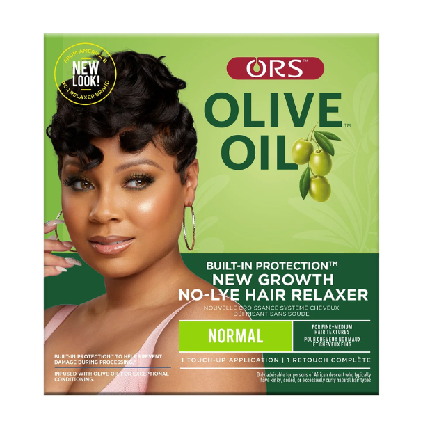 ORS Olive Oil New Growth No-Lye Hair Relaxer Normal strength is a hair relaxing system designed to gently straighten and soften natural curls while helping maintain moisture, smoothness, and manageability for a sleek, healthy-looking finish.