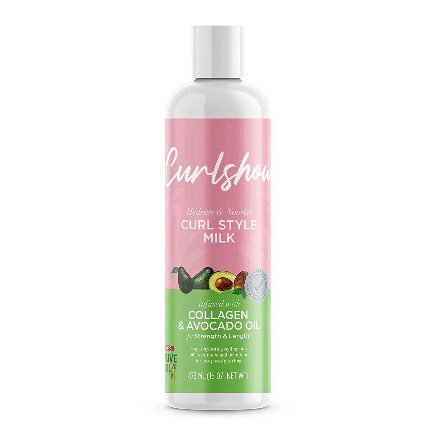 ORS Olive Oil CurlShow Curl Style Milk 16oz styling milk for curly and wavy hair, designed to moisturize, define curls, reduce frizz, and enhance softness and shine for a smooth, natural curl finish.