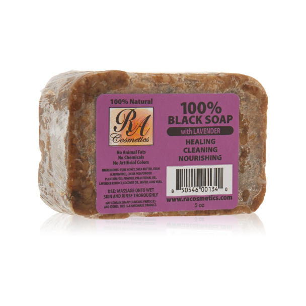 RA Cosmetics 100% Black Soap Lavender is a natural African black soap infused with lavender, designed to deeply cleanse skin and hair while helping remove dirt, excess oil, and impurities. It helps soothe and refresh the skin, leaving it soft, smooth, and lightly scented with lavender.