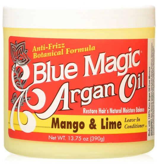 Blue Magic Argan Oil Mango & Lime Leave-In Conditioner 13.75oz in a clear jar and a yellow, red, and white label.
