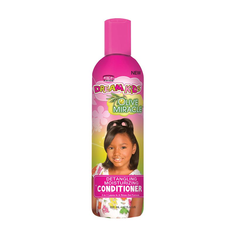African Pride Dream Kids Detangling Moisturizing Conditioner 12oz in a pink spray bottle and bold Dream Kids text at the top. 