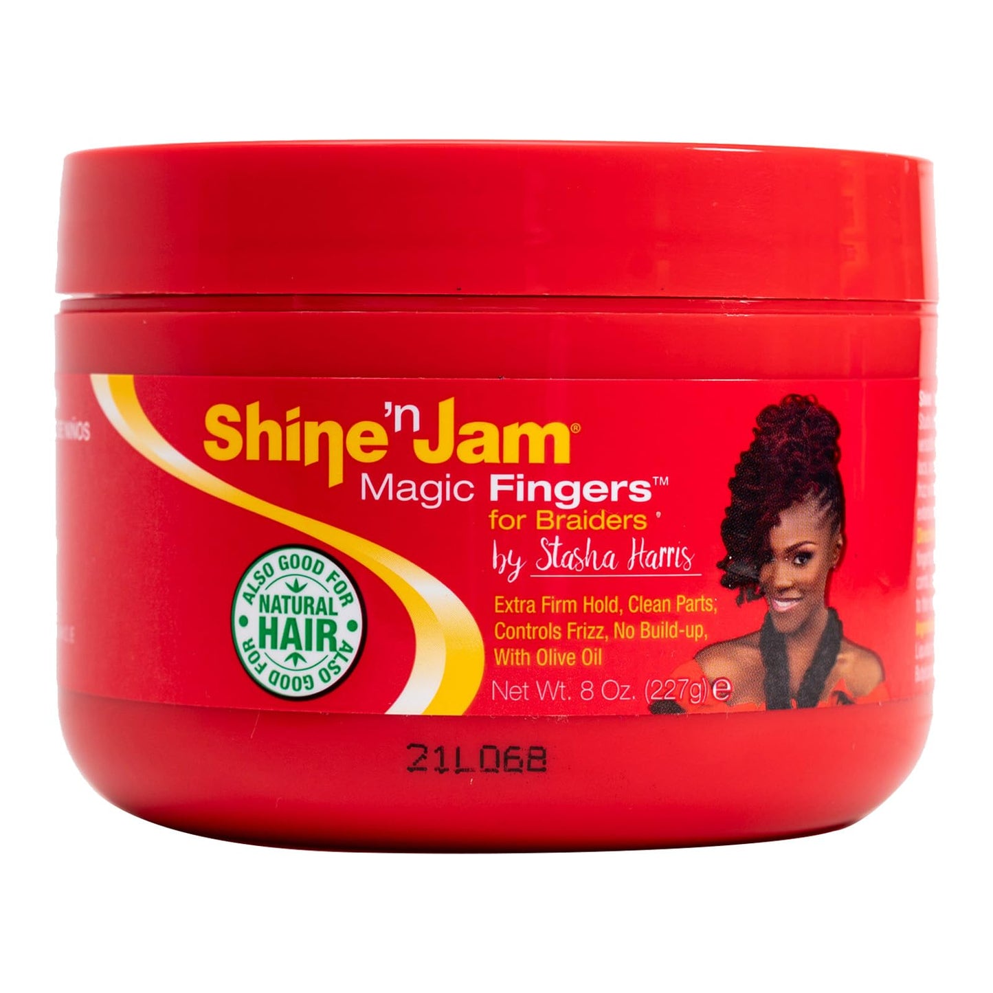 Ampro Shine 'n Jam Magic Fingers Braiding Gel 8oz in a red jar with a red label and yellow and white lettering. 